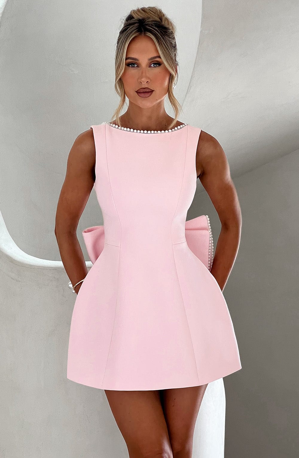 Pearl Trim Bow Detail Structured Sleeveless Mini Dress - Wedding Guest