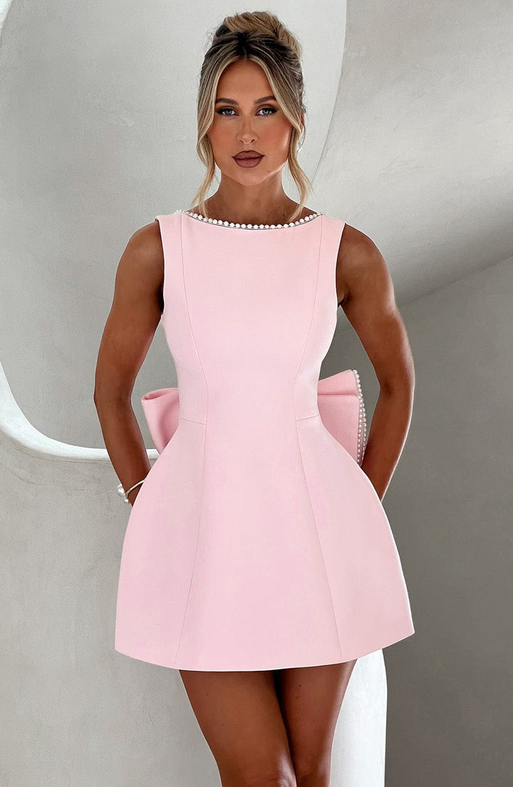Pearl Trim Bow Detail Structured Sleeveless Mini Dress - Wedding Guest