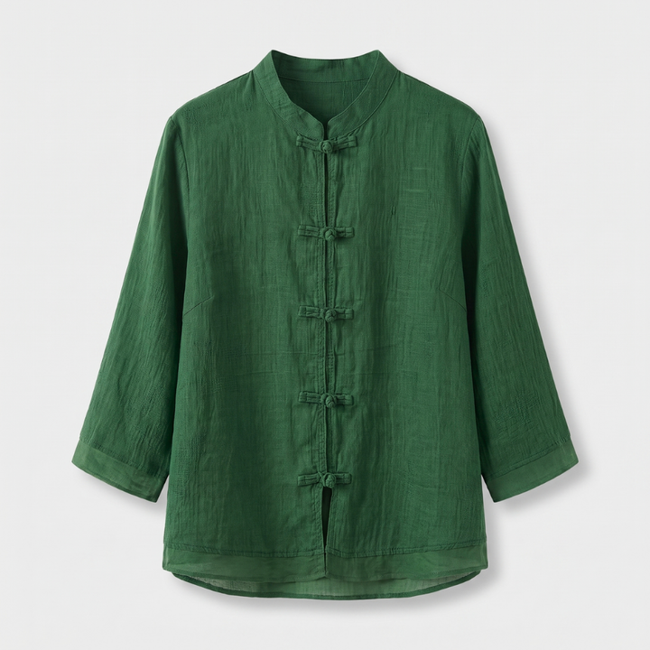 Mandarin Collar Frog Button Linen Blouse for Casual Style