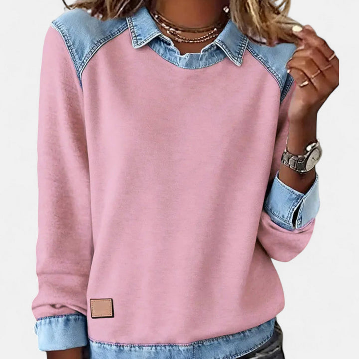 Genevieve | Women's Denim Trim Crew Neck Sweatshirt