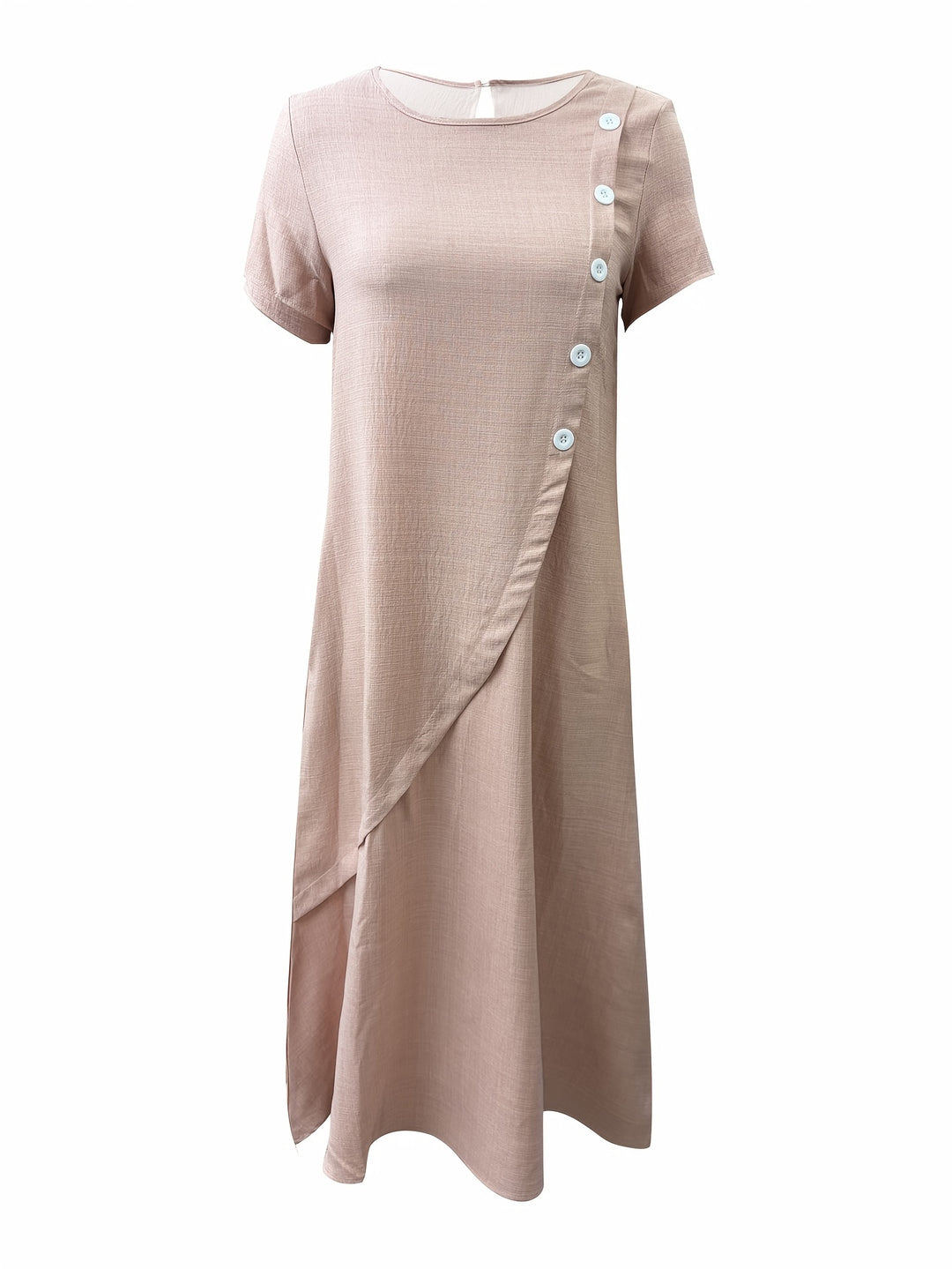 Linen Button Detail Short Sleeve Casual Midi Dress