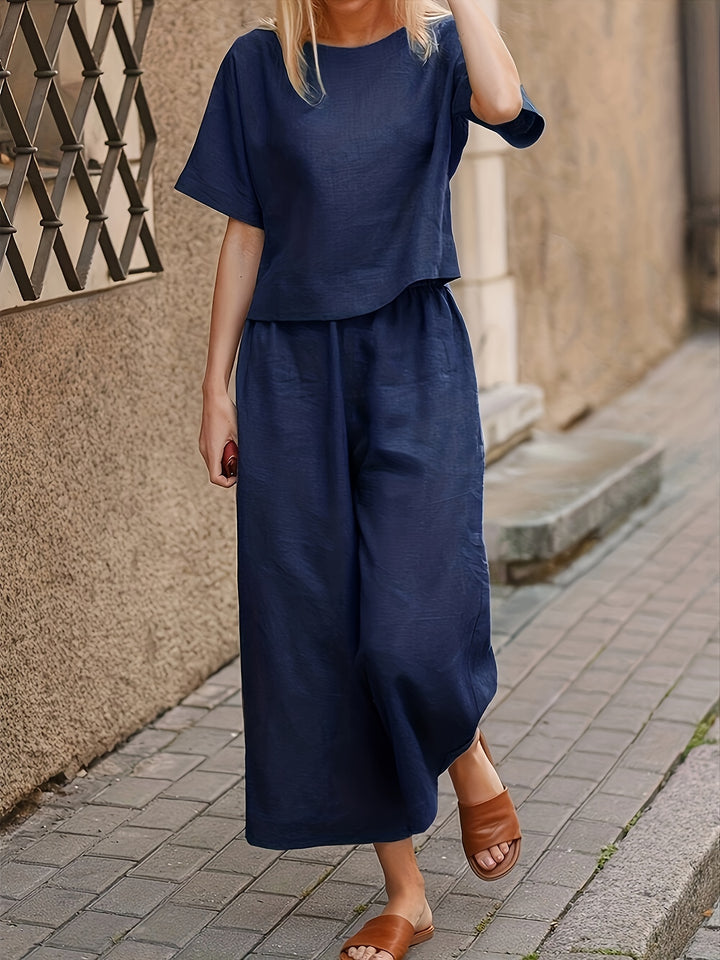 Linen Crew Neck Short Sleeve Top and Wide Leg Pants Set