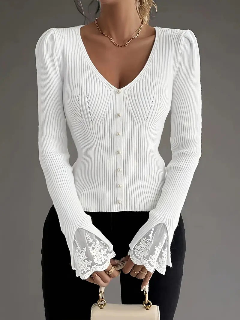 Skylar | Women's Ribbed Knit V-Neck Sweater with Pearl Buttons and Lace Cuffs