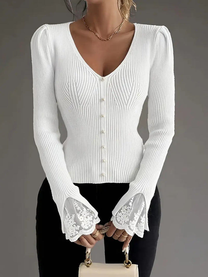 Skylar | Women's Ribbed Knit V-Neck Sweater with Pearl Buttons and Lace Cuffs