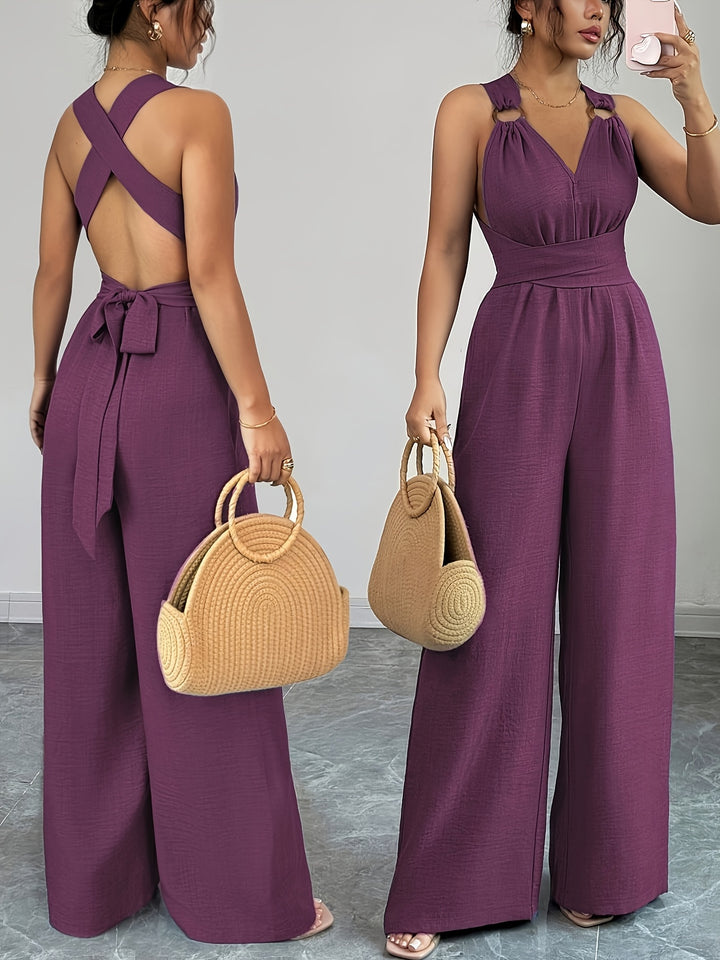Linen Halter V Neck Ruched Wide Leg Elegant Jumpsuit