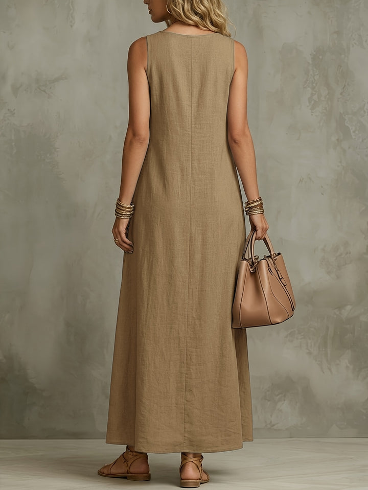 Linen Flowy V Neck Draped Casual Maxi Dress for Vacation
