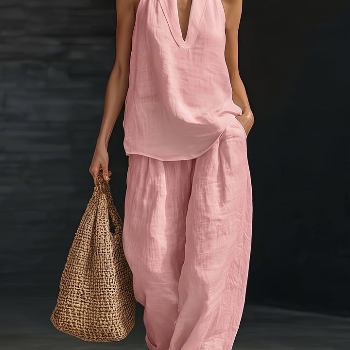Linen Halter V Neck Backless Top and Wide Leg Pants Set