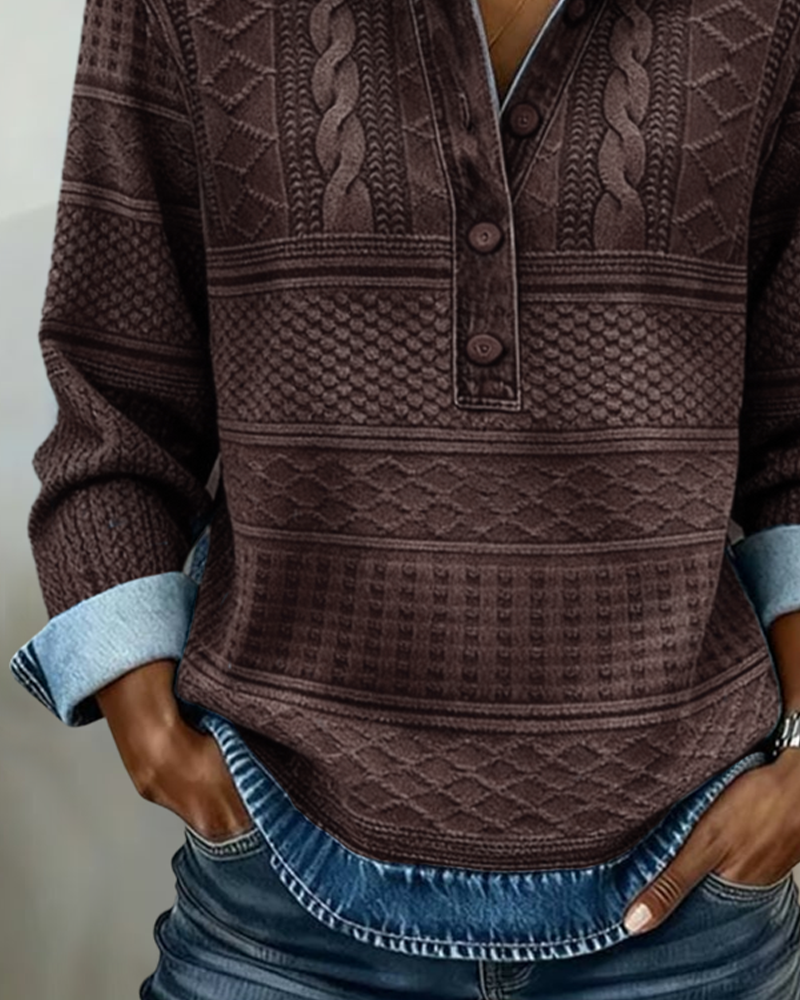 Cordelia | Women's Denim-Print Cable Knit Collared Henley Top