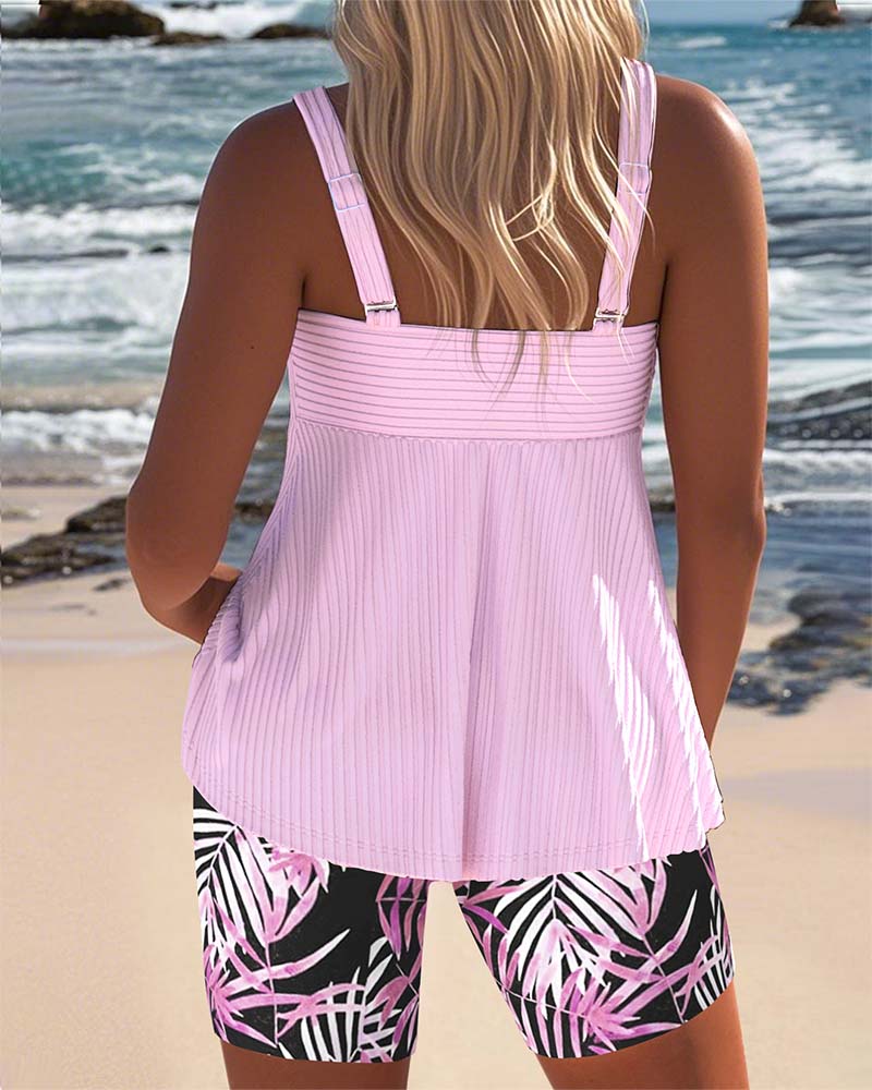 Twist Front Ribbed Tropical Print Tankini Set