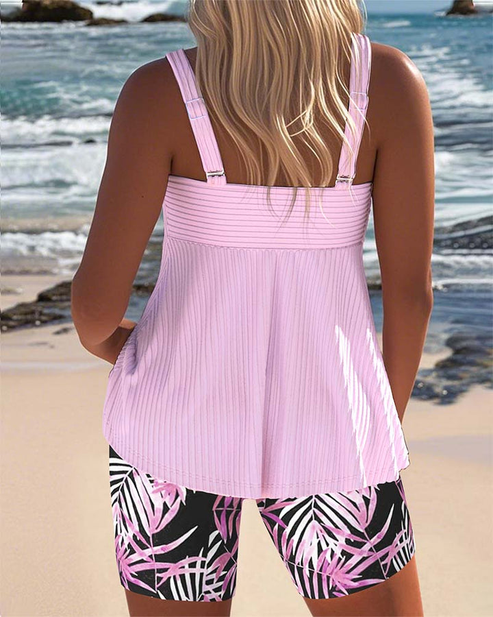 Twist Front Ribbed Tropical Print Tankini Set