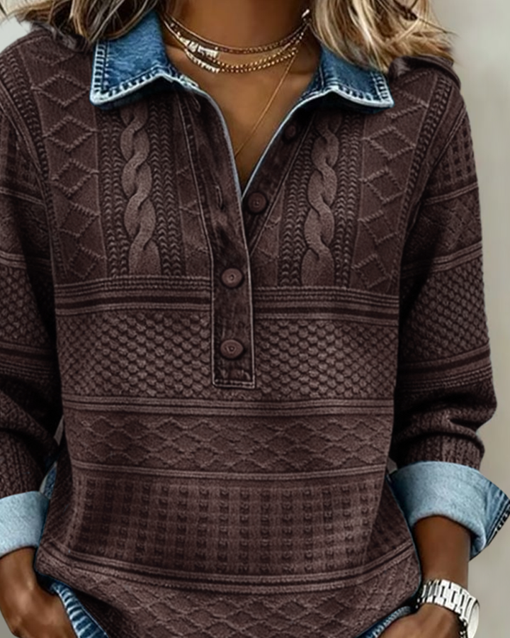 Cordelia | Women's Denim-Print Cable Knit Collared Henley Top