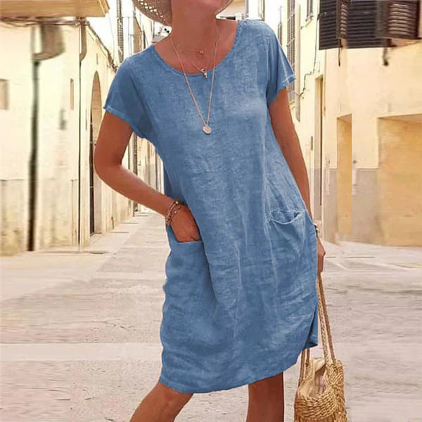Cotton Linen Short Sleeve Pocket Casual Midi Dress