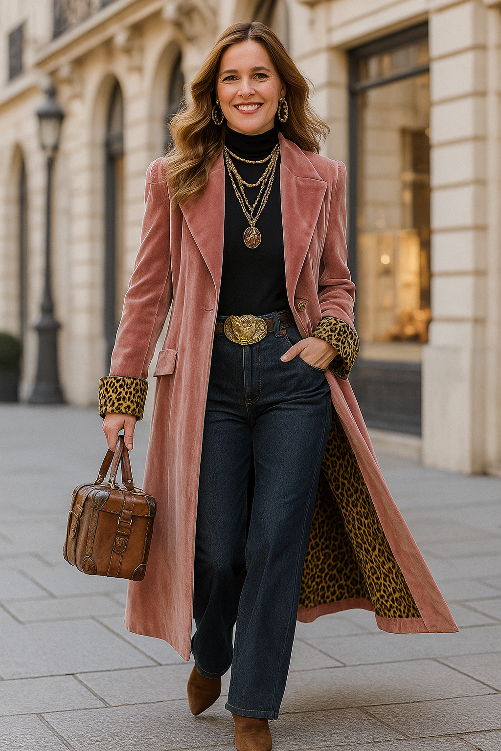 Rosalind | Women's Velvet Double Breasted Long Coat with Leopard Trim