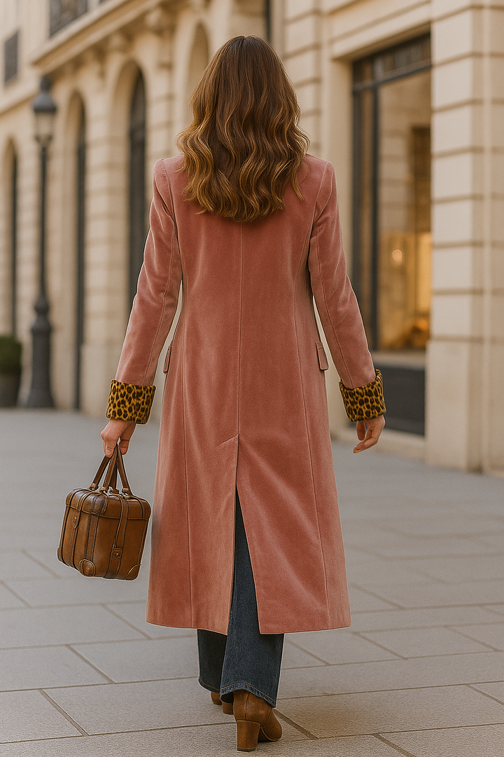 Rosalind | Women's Velvet Double Breasted Long Coat with Leopard Trim