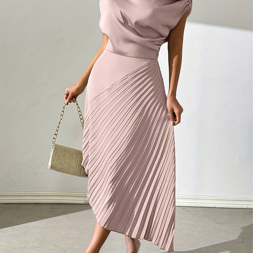 Draped One Shoulder Pleated Skirt Midi Dress - Wedding Guest