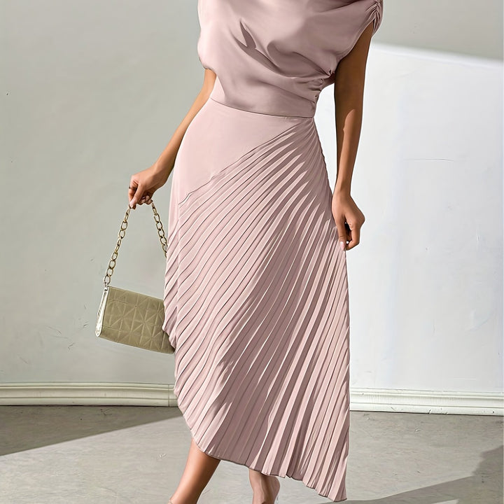 Draped One Shoulder Pleated Skirt Midi Dress - Wedding Guest