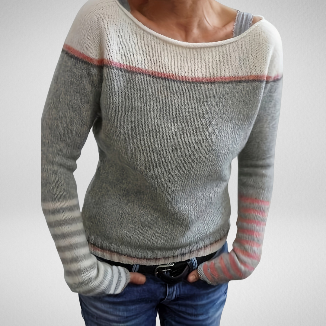 Isolde | Women's Colorblock Boat Neck Sweater with Striped Cuffs