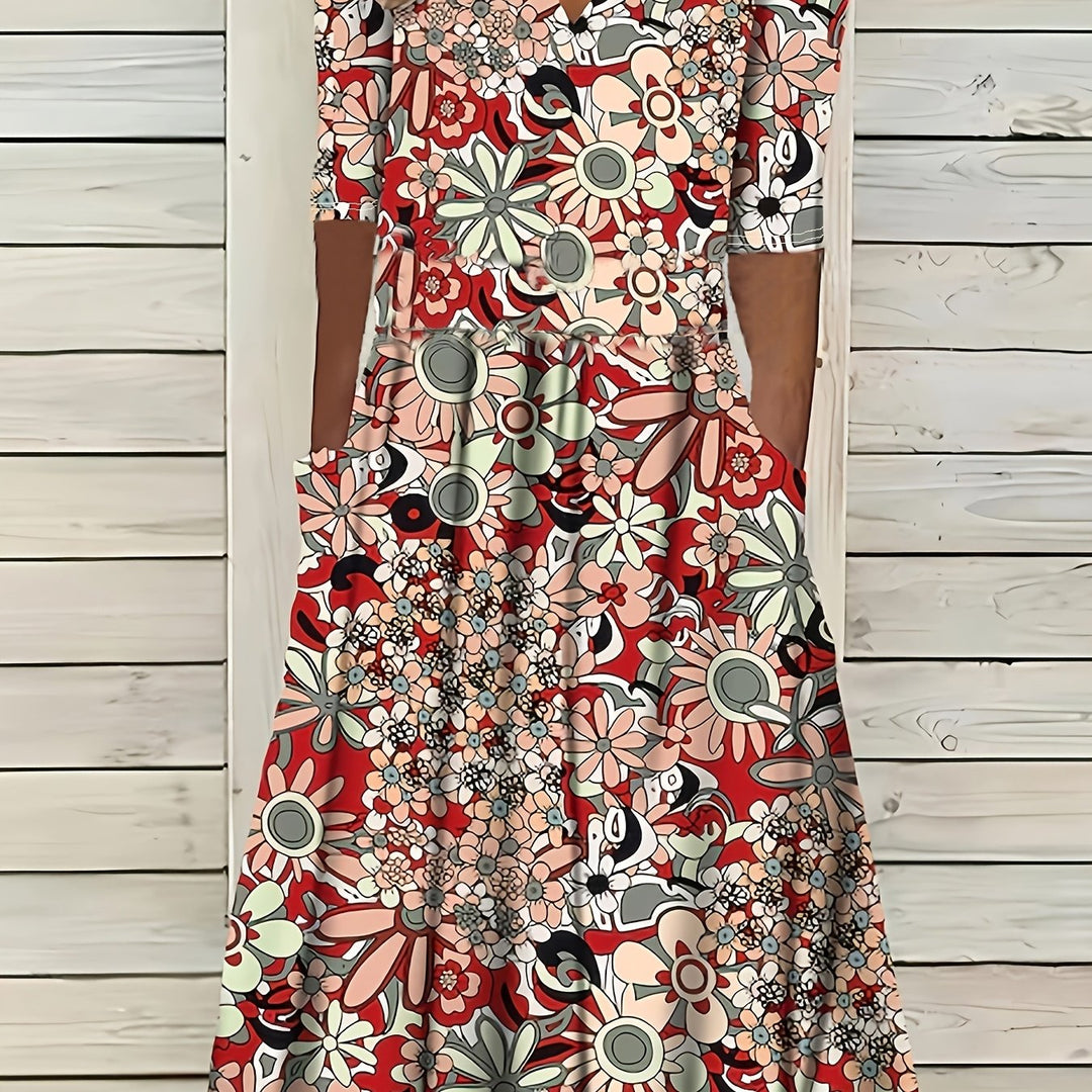 Gabi™-Elegant Floral Print V-Neck Midi Dress