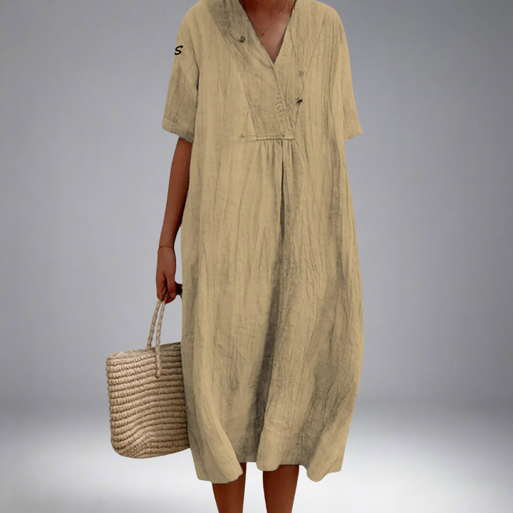 Harriet- Solid Color Cotton And Linen Short Sleeve Dress