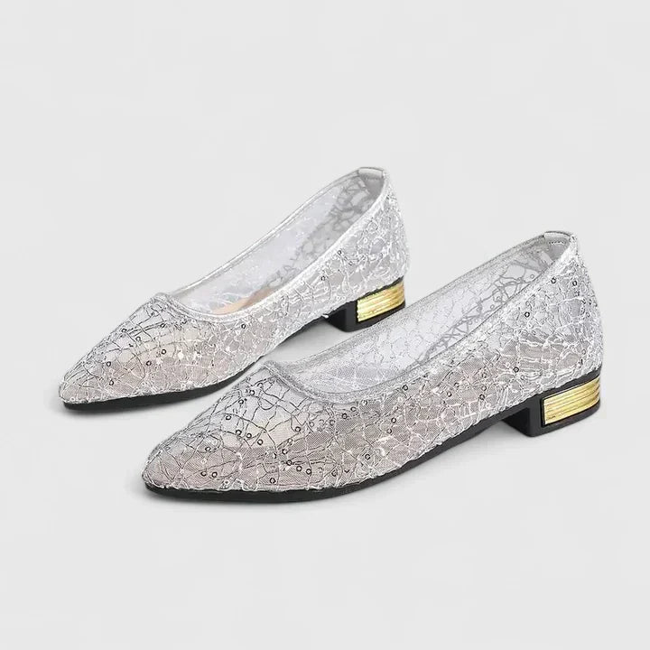 Sequin Lace Mesh Pointed Toe Gold Heel Ballet Flat
