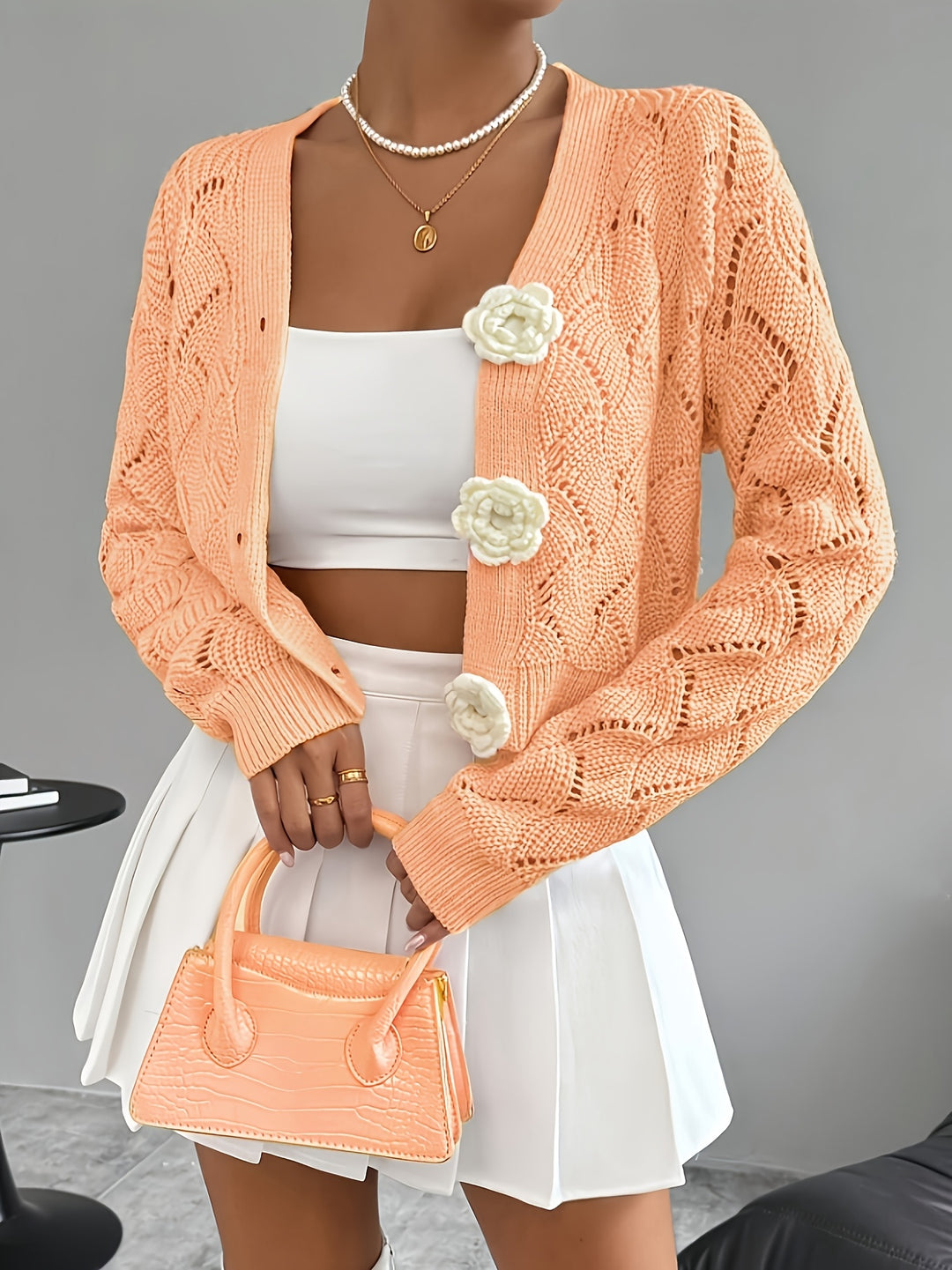 Celeste | Women's Crochet Knit Cardigan with 3D Floral Buttons