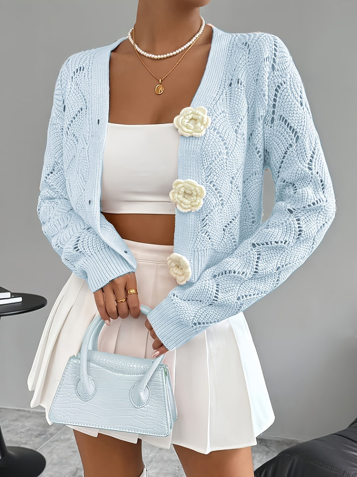 Celeste | Women's Crochet Knit Cardigan with 3D Floral Buttons