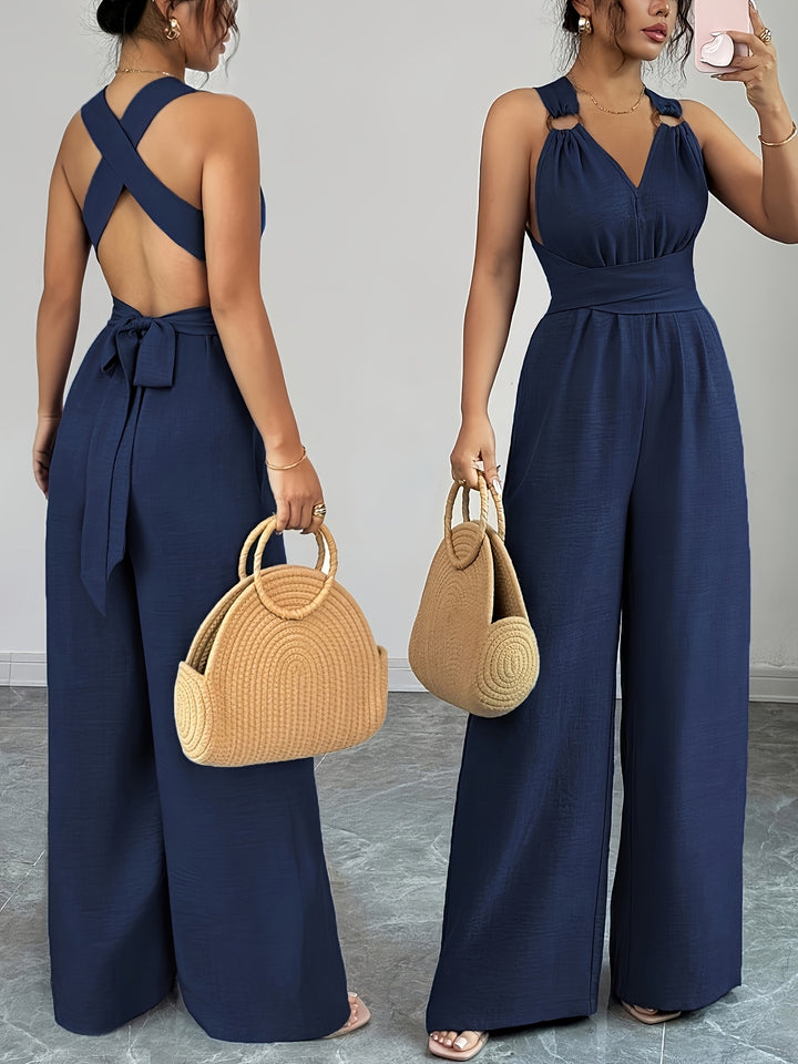Linen Halter V Neck Ruched Wide Leg Elegant Jumpsuit
