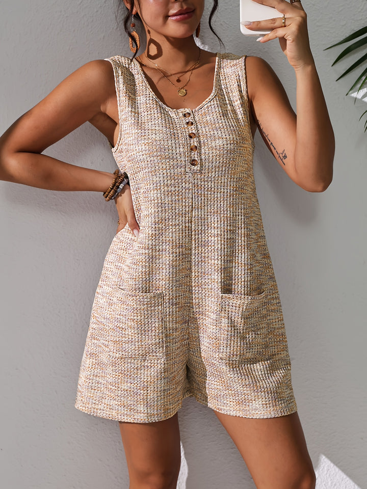 Waffle Knit Scoop Neck Button Front Sleeveless Short Romper