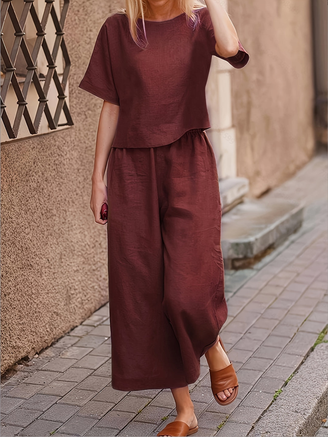 Linen Crew Neck Short Sleeve Top and Wide Leg Pants Set