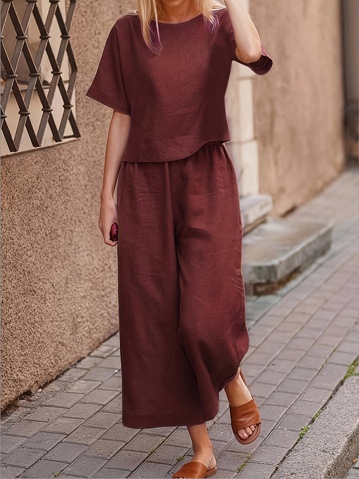 Linen Crew Neck Short Sleeve Top and Wide Leg Pants Set