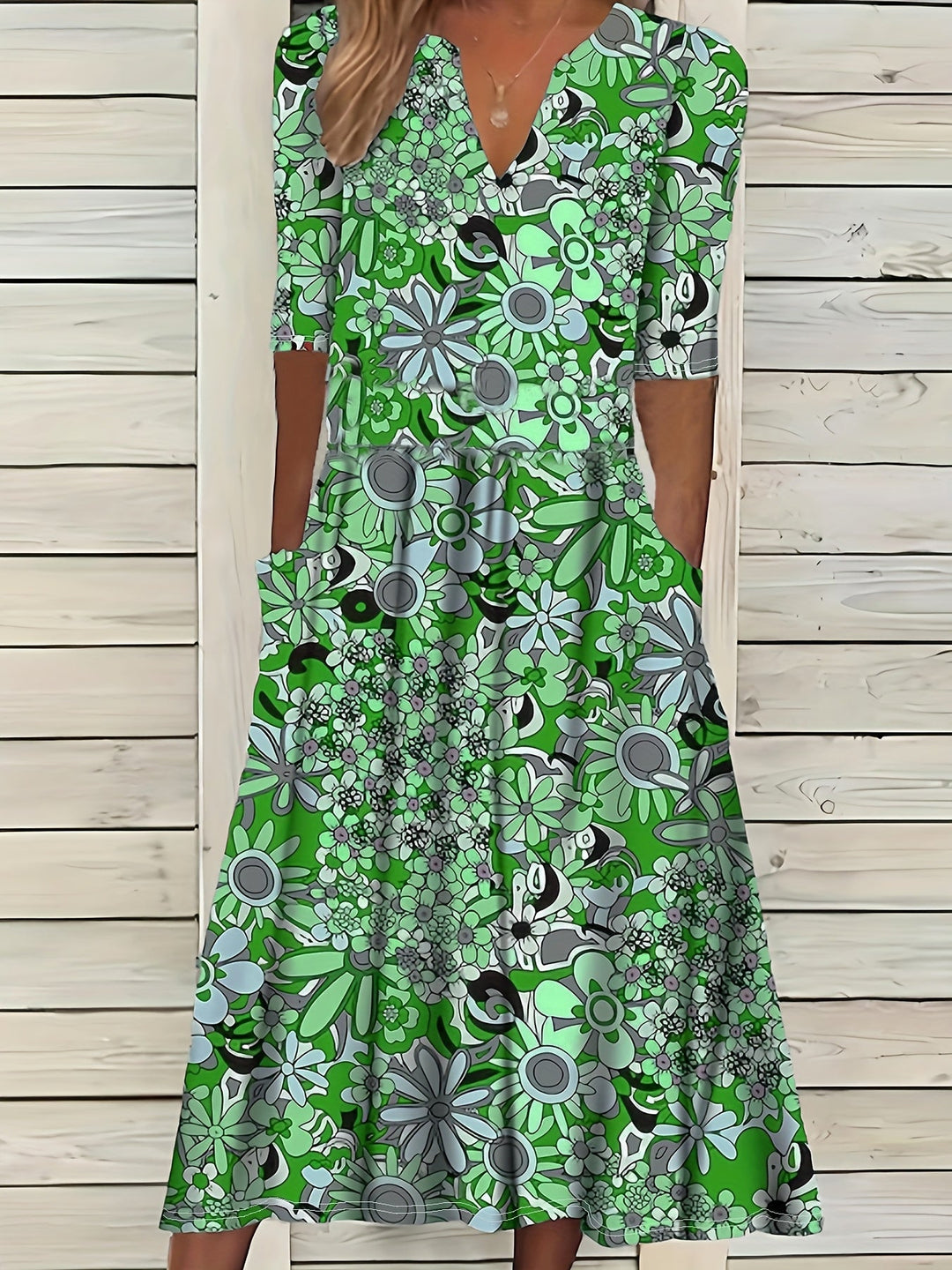 Gabi™-Elegant Floral Print V-Neck Midi Dress