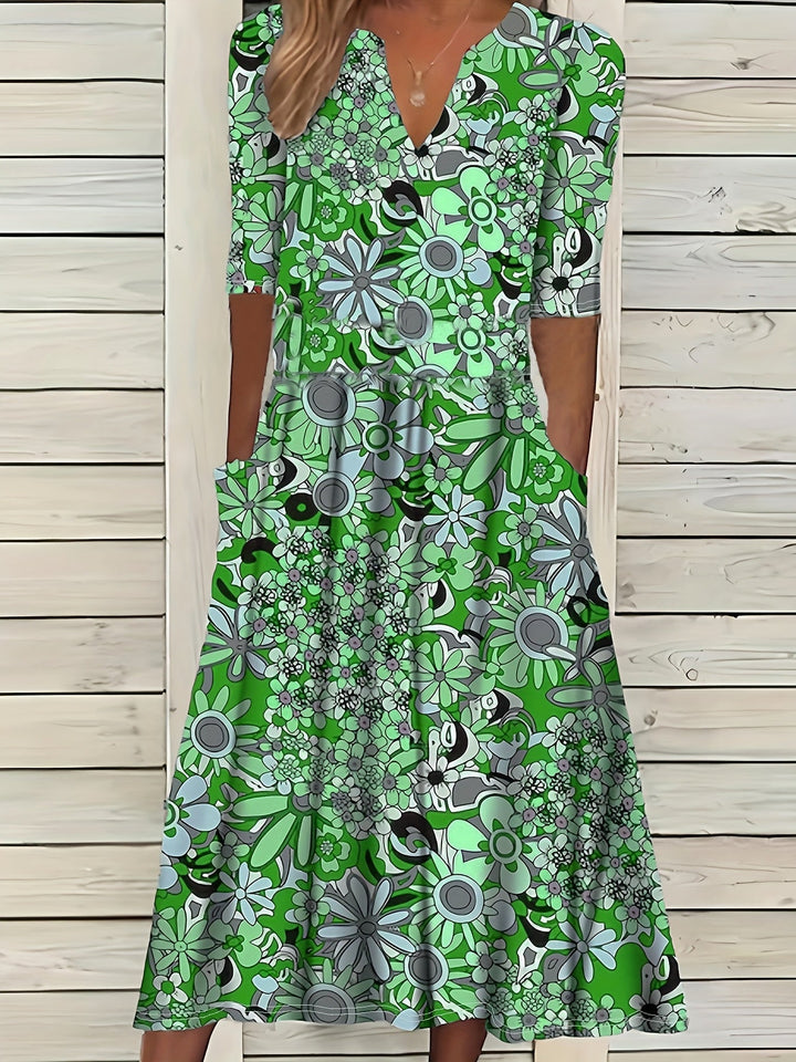 Gabi™-Elegant Floral Print V-Neck Midi Dress