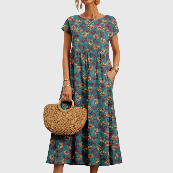Floral Short Sleeve Midi Dress with Pockets and Round Neck