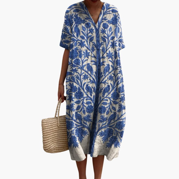 Botanical Print V-Neck Relaxed Linen Midi Dress