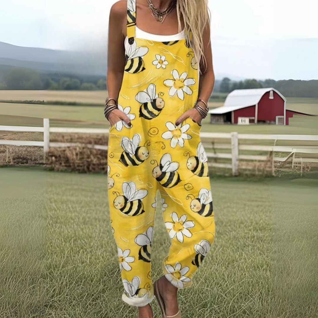 Women's Flying Bees Embroidery Pattern Casual Cotton Wide Leg Jumpsuit