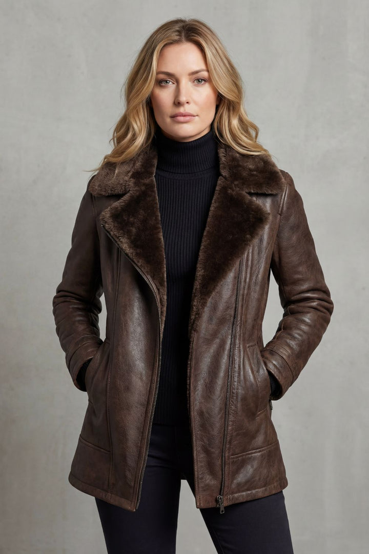 Odalys | Women's Brown Shearling Collar Moto Jacket