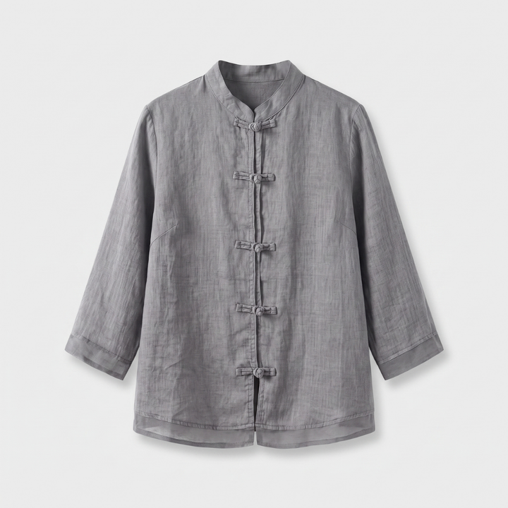 Mandarin Collar Frog Button Linen Blouse for Casual Style