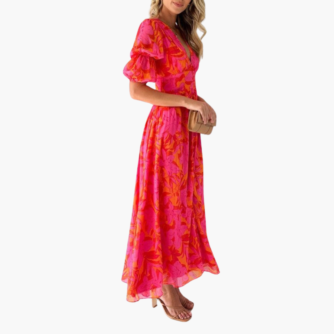 Floral Puff Sleeve Button Front Flowy Maxi Dress