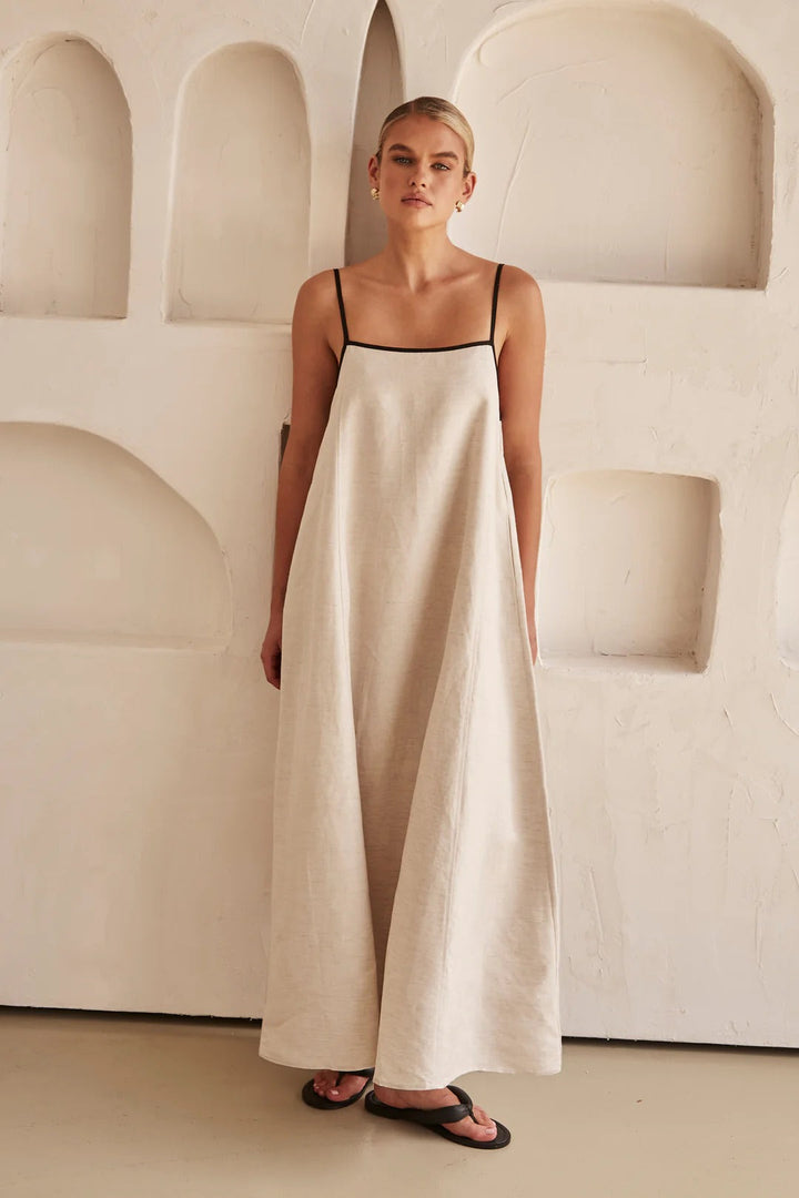 Contrast Trim Spaghetti Strap Square Neck Oversized Linen Maxi Dress