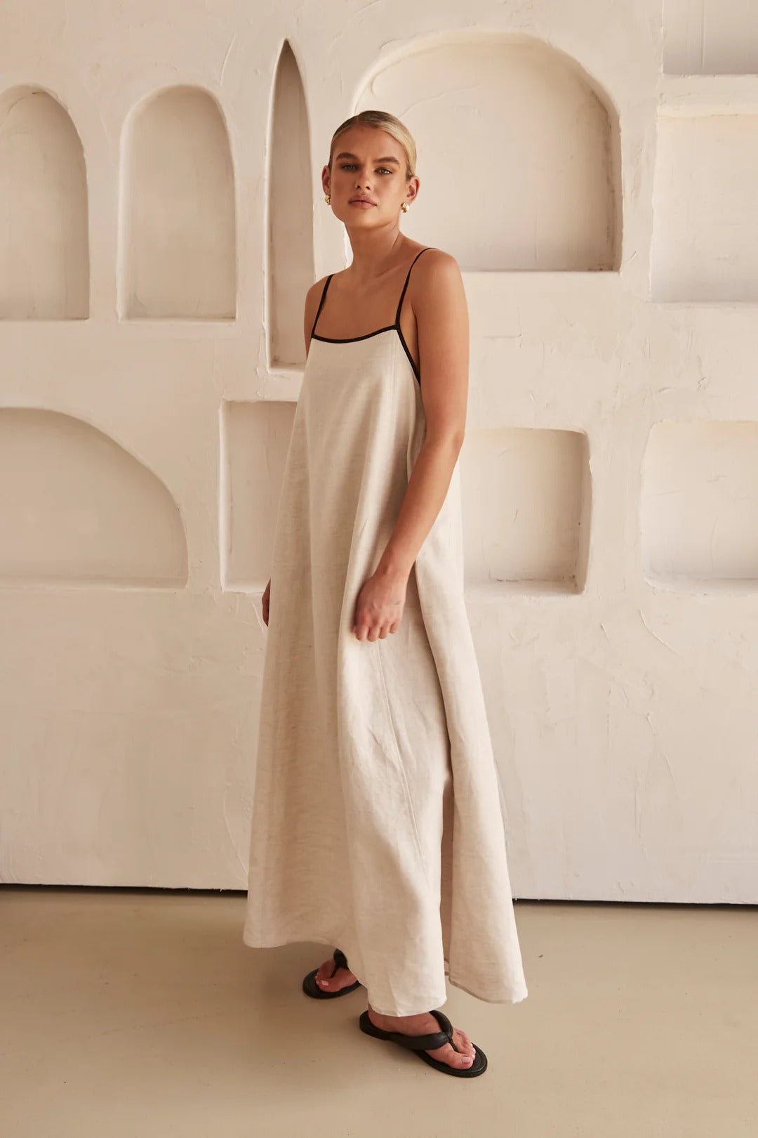Contrast Trim Spaghetti Strap Square Neck Oversized Linen Maxi Dress