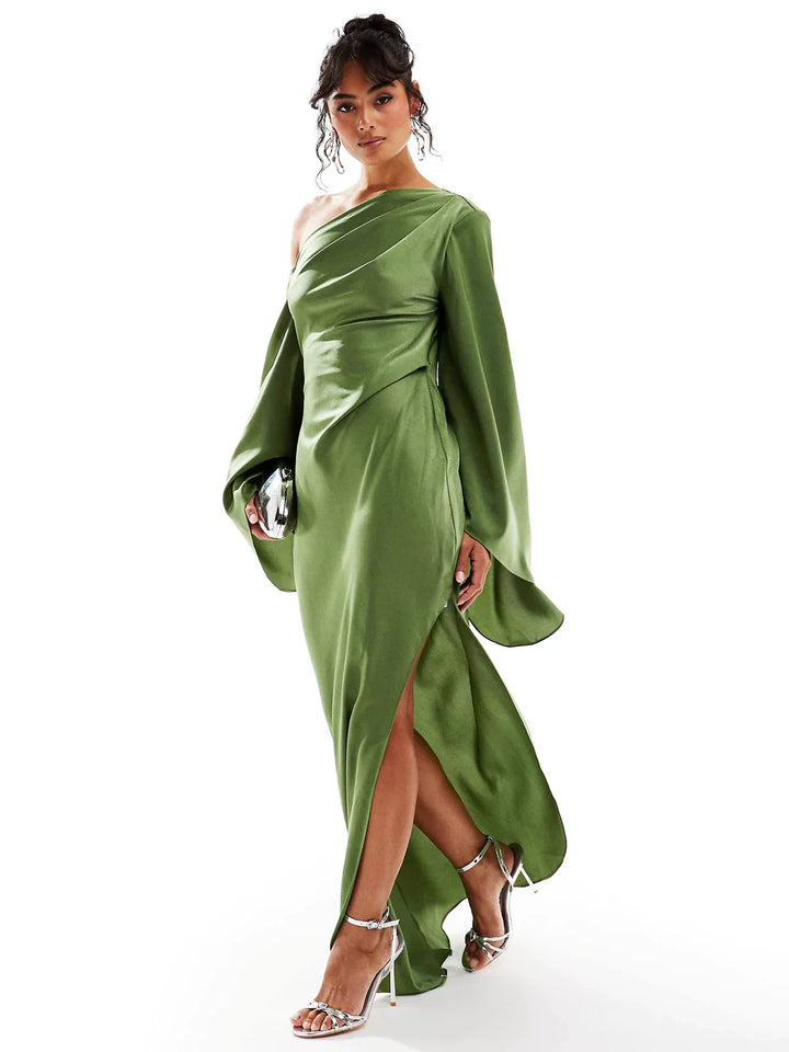 Yaz Asymmetrical Hem Satin Maxi Dress