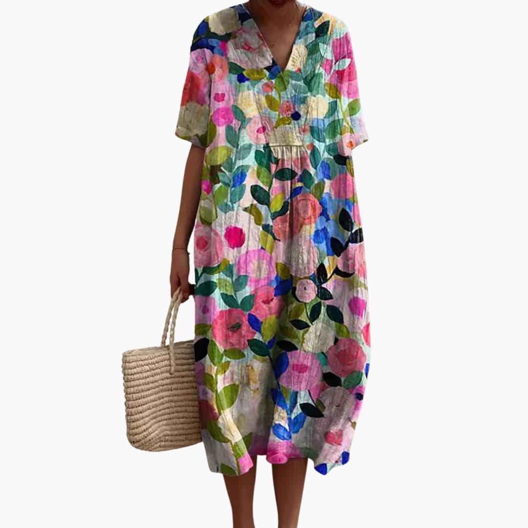 Floral Cotton V Neck Short Sleeve Oversized Casual Midi Dress