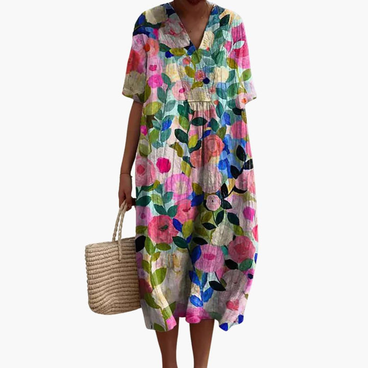 Floral Cotton V Neck Short Sleeve Oversized Casual Midi Dress