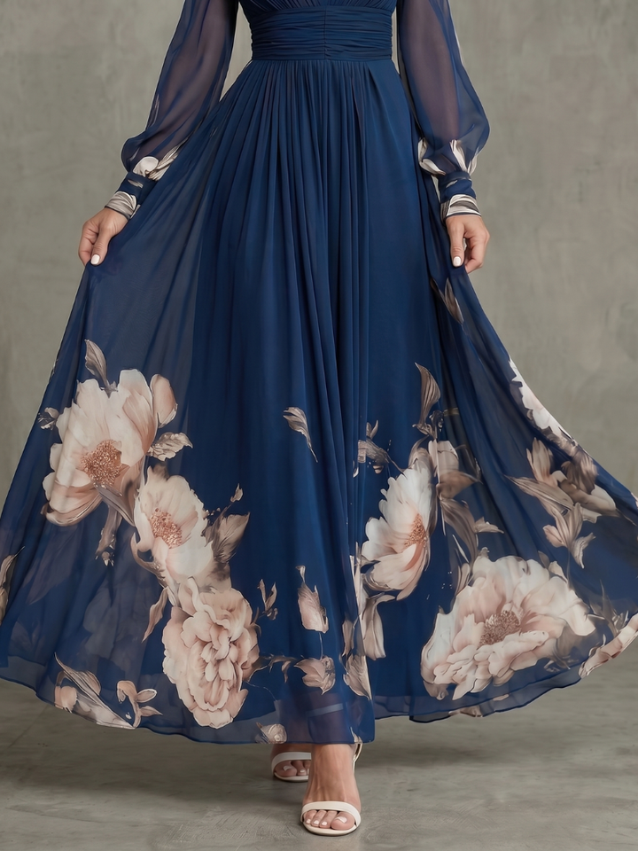 Floral Border Print V Neck Sheer Sleeve Flowy Maxi Dress - Formal Evening Gown