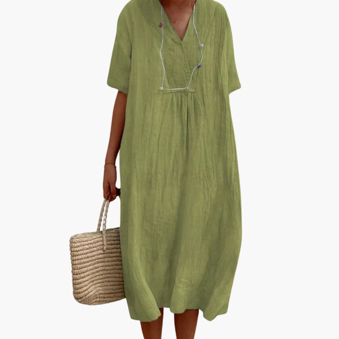 V-Neck Button Placket Relaxed Linen Midi Dress