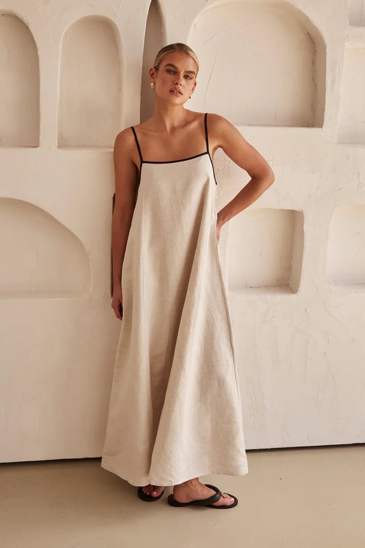Contrast Trim Spaghetti Strap Square Neck Oversized Linen Maxi Dress