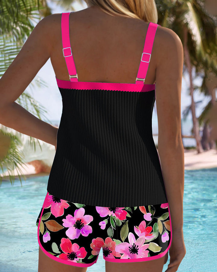 Ribbed Contrast Trim Floral Short Tankini Set