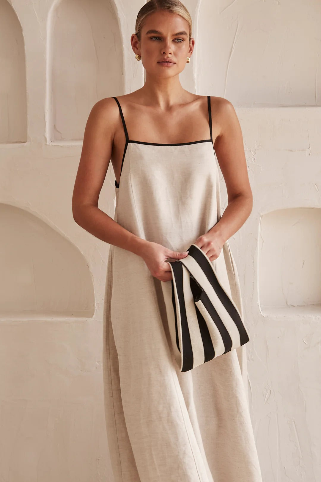 Contrast Trim Spaghetti Strap Square Neck Oversized Linen Maxi Dress
