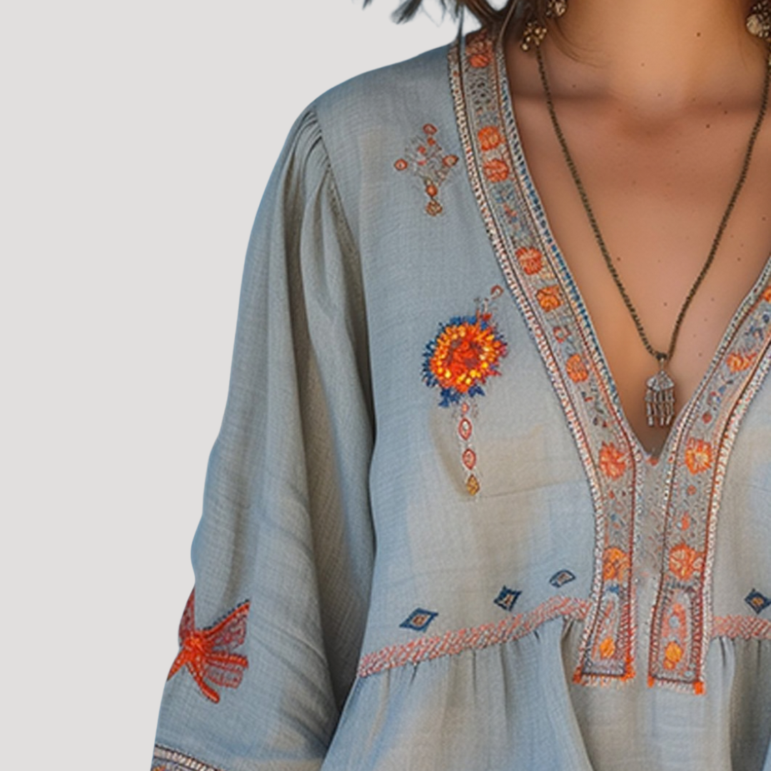 Embroidered Boho V-Neck Flared Sleeve Blouse