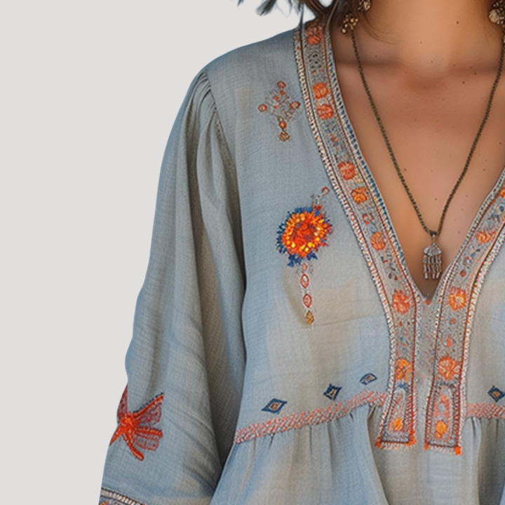 Embroidered Boho V-Neck Flared Sleeve Blouse